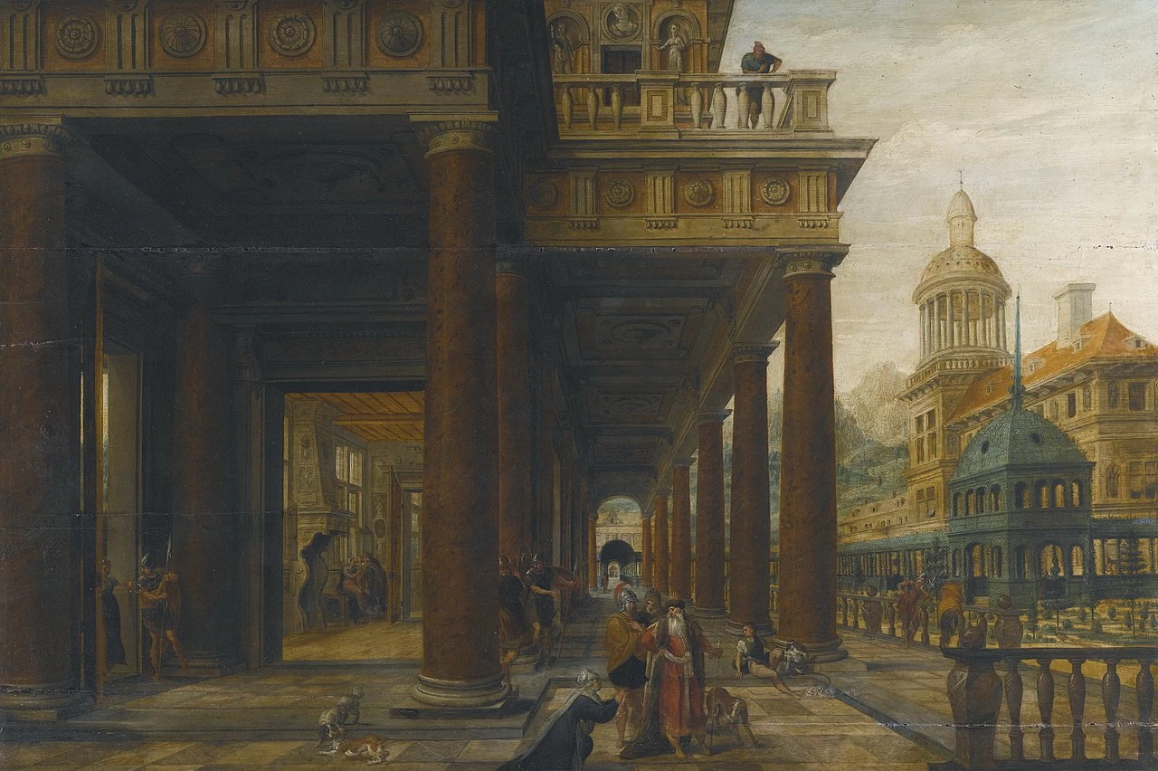 Hans Vredeman de Vries e Gillis Mostaert (I) - Traiano e la vedova